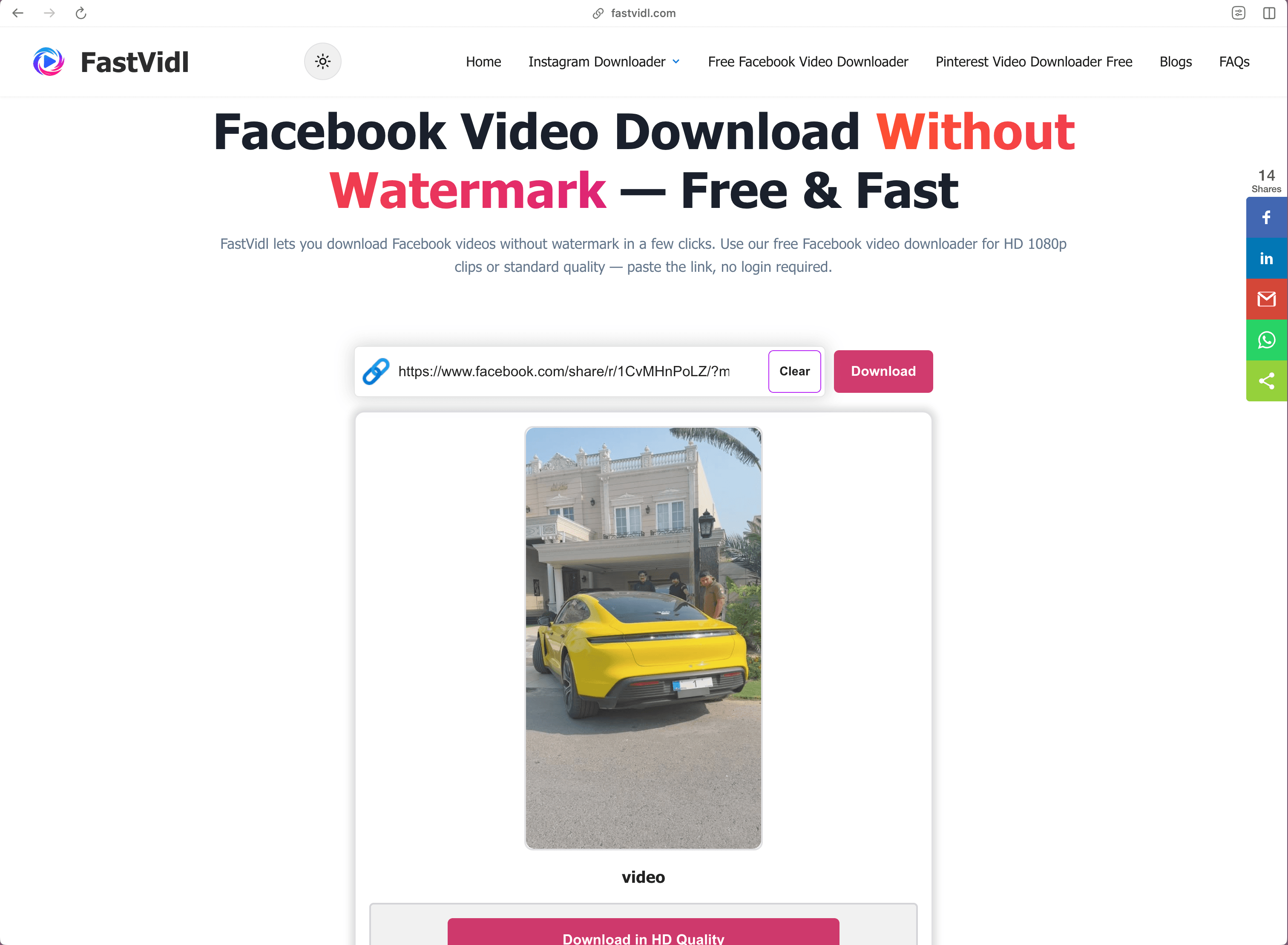 Bir masaüstü tarayıcısında FastVidl ile Windows veya Mac'te bir Facebook videosu indirme