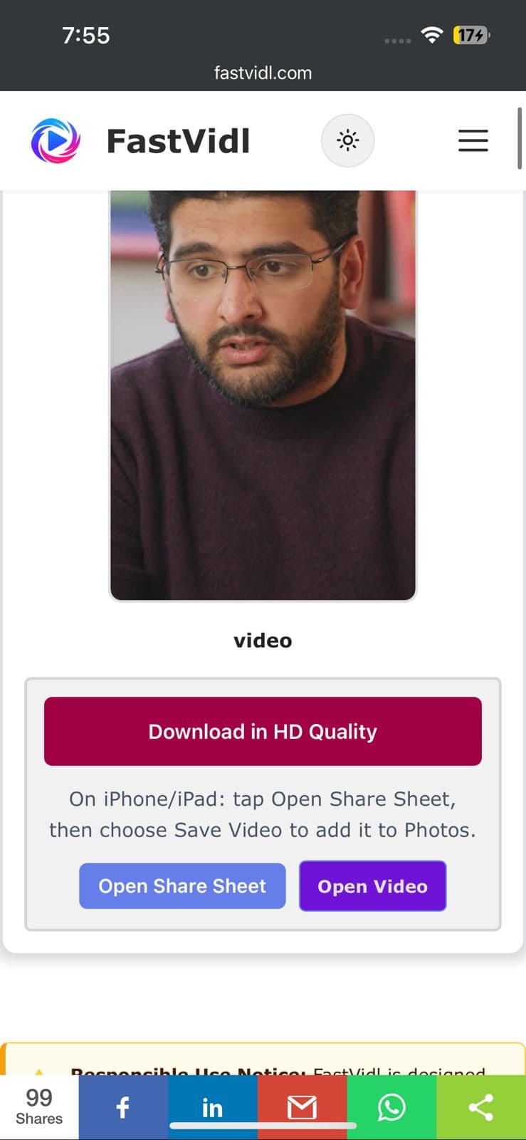 FastVidl Facebook videosunu iPhone'da Safari'de indirmeye hazır