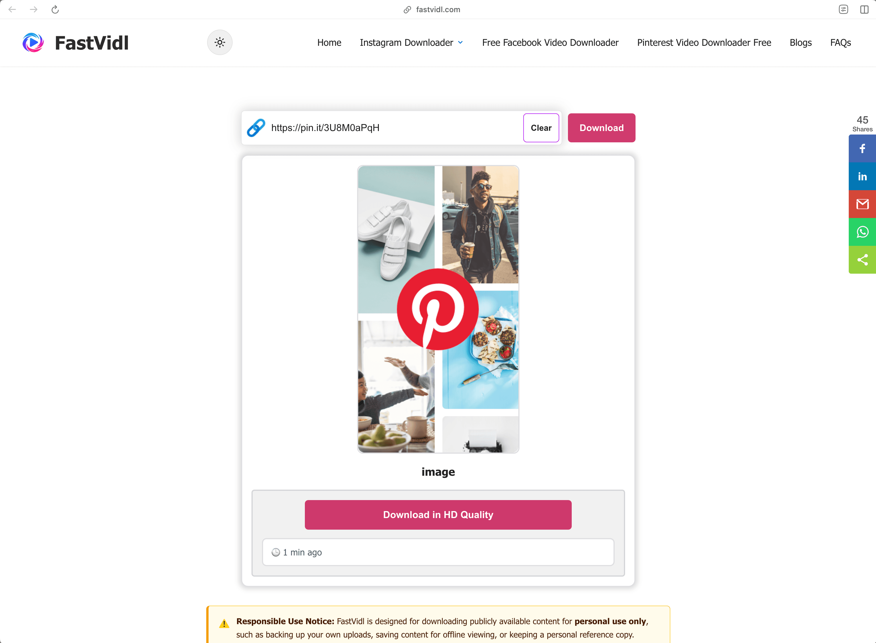 Bir masaüstü tarayıcısında FastVidl ile Windows veya Mac'te bir Pinterest videosunu indirme