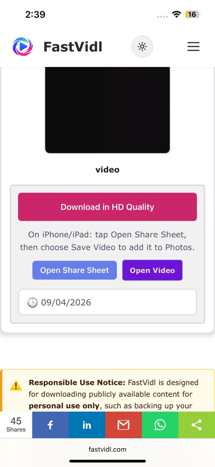 iPhone'da HD Kalitesinde İndir ve Paylaşım Sayfasını Aç düğmeleri